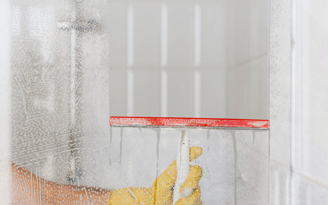Vitre de douche entrain d'être nettoyée
